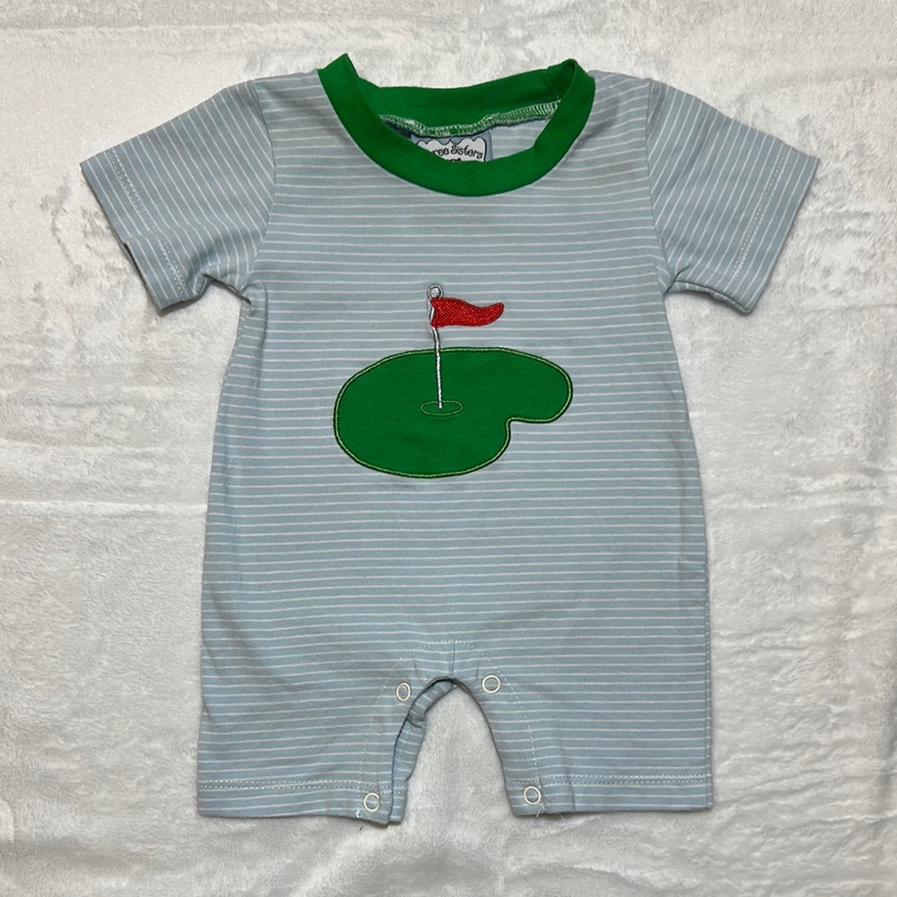 EEUC Three Sisters Blue Stripe romper with golf appliqué size 3m